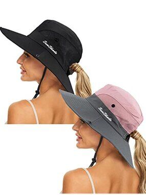 2 Pack Summer Sun-Hat Ponytail - Outdoor UV-Protection Mesh Wide Brim Foldable